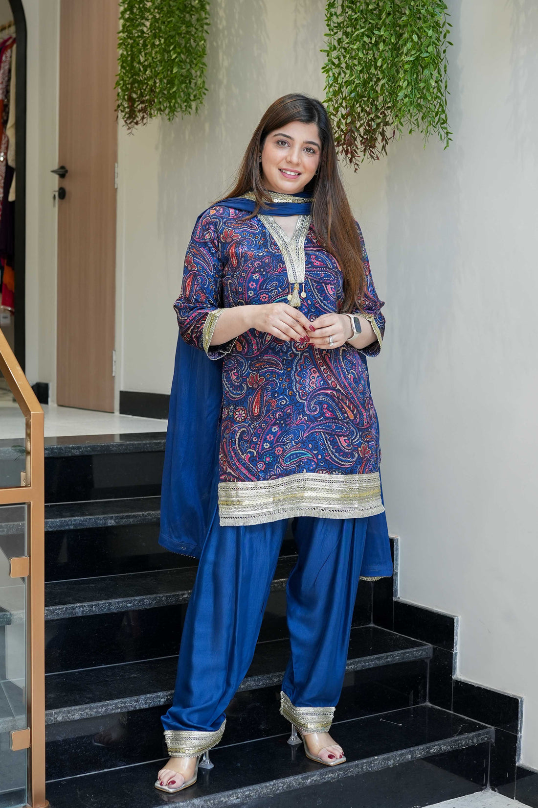 Royal Blue Printed & Lace Detailing Suit Set