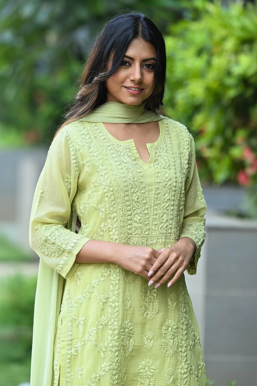 Noor Pista Pure Kota  Chikankari Kurta Set