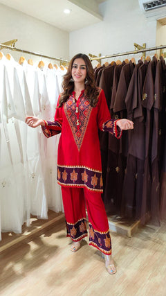 Red Ethnic V-Neck Co-ord Set with Paisley Border Detailing