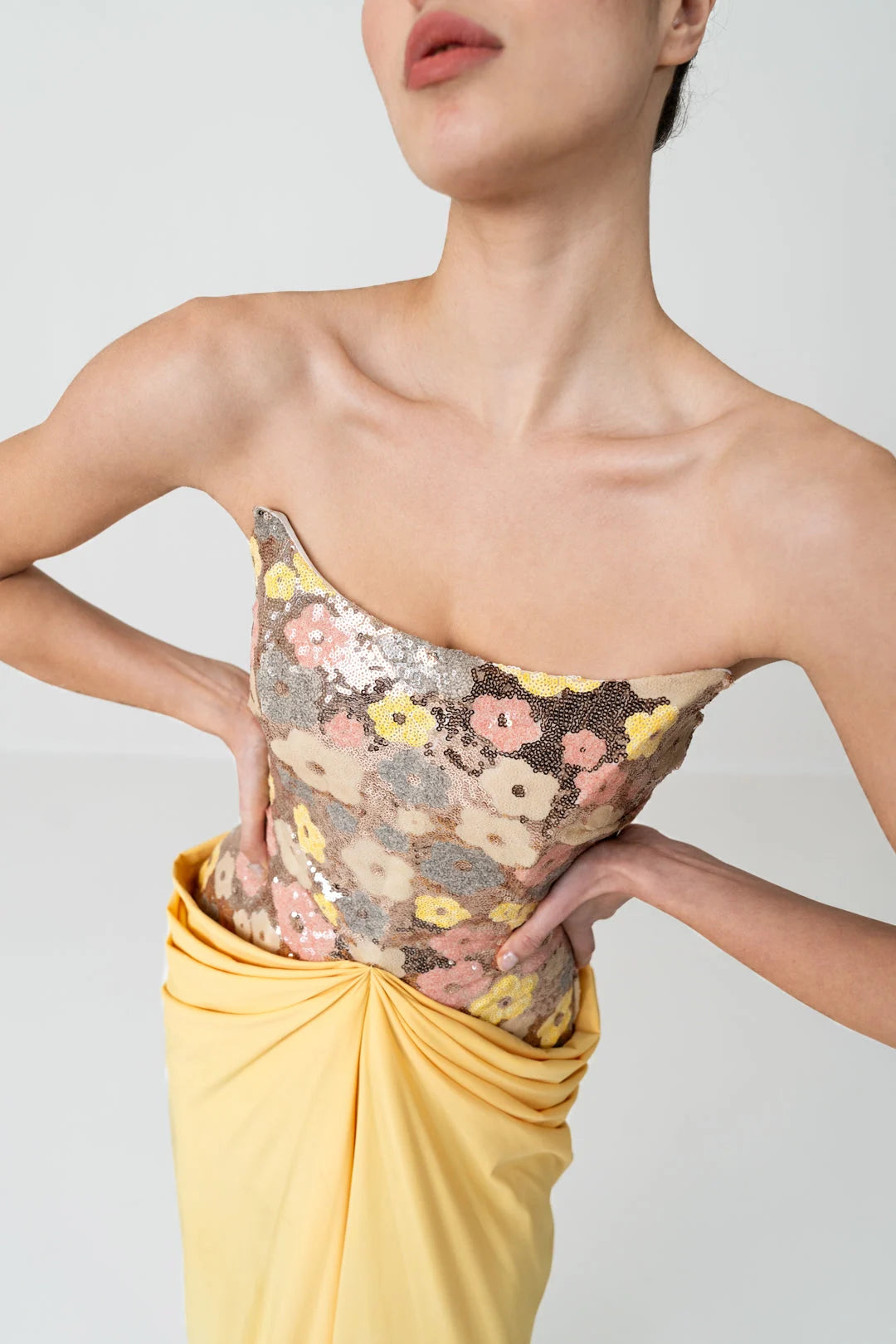 Golden Bloom Sequin Draped Gown