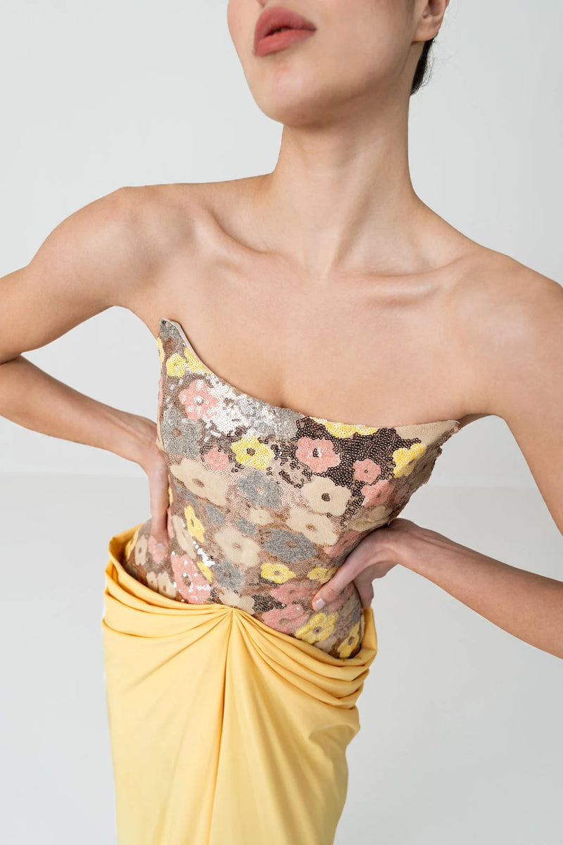 Golden Bloom Sequin Draped Gown