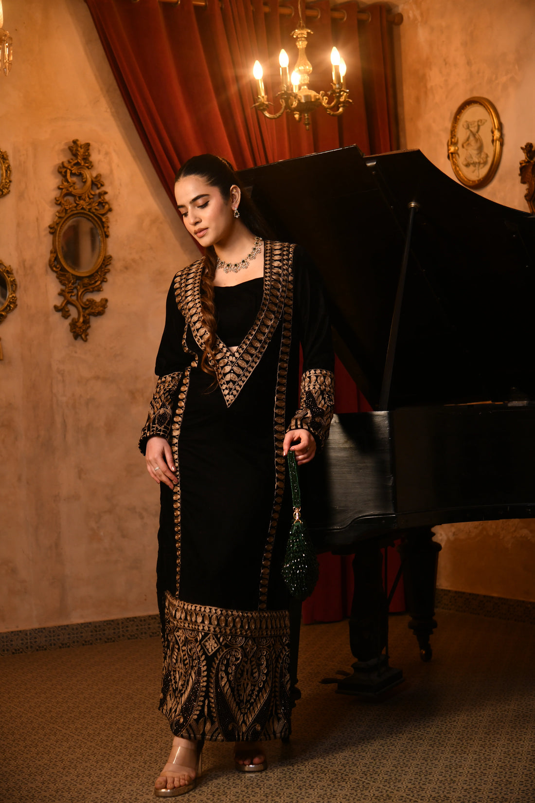 Royal Noir Embroidered Velvet Kaftan