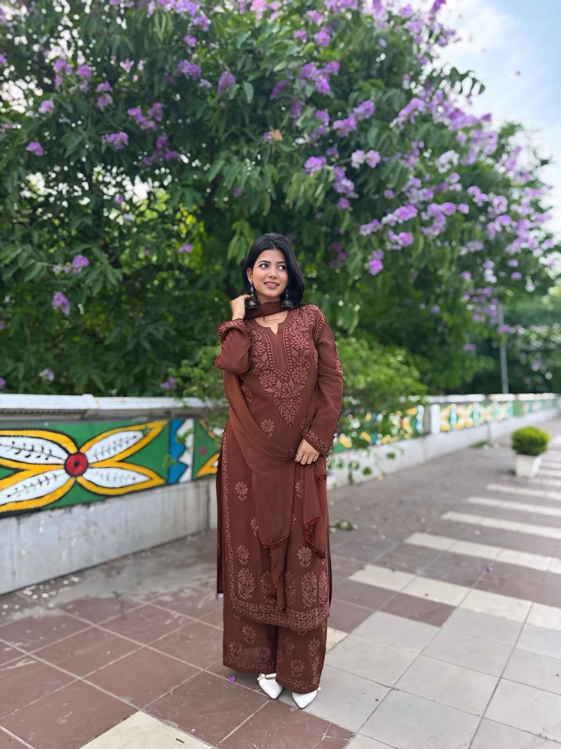 Mocha Blossom Viscose Georgette Straight Chikankari  Kurta Set