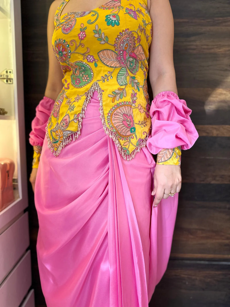 Rangrez Radiance Mustard Embroidered Indo-Western Draped Skirt Set with Pink Drape