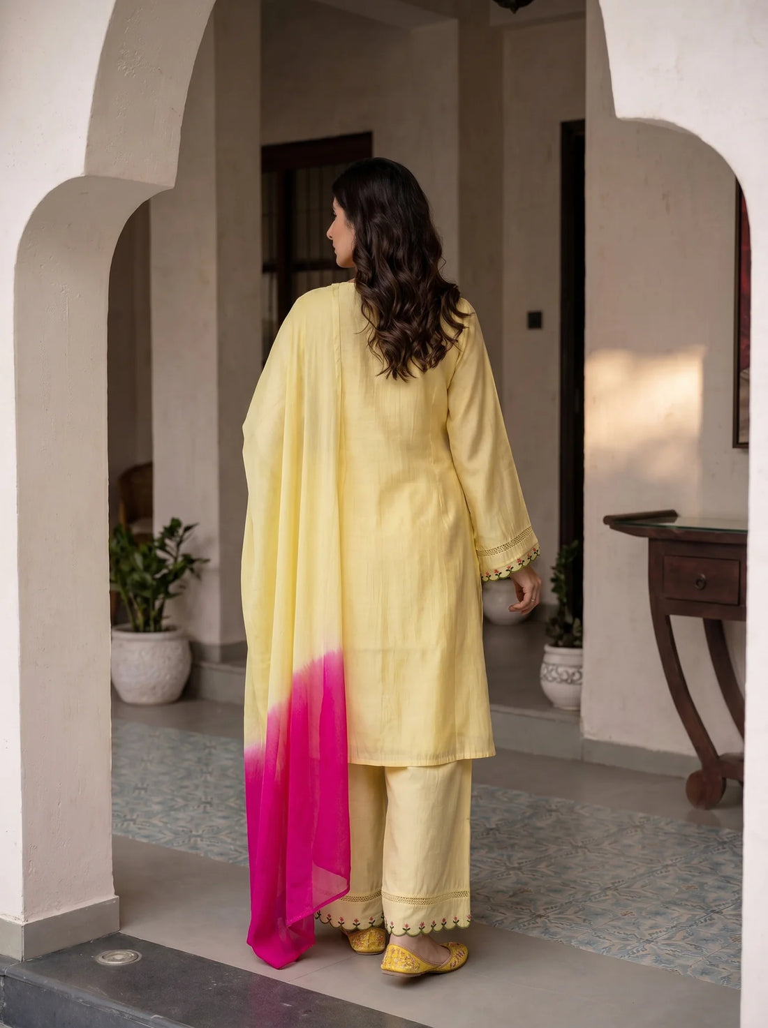 Kesari Noor Cotton Kurta Set with Pink Ombre Dupatta