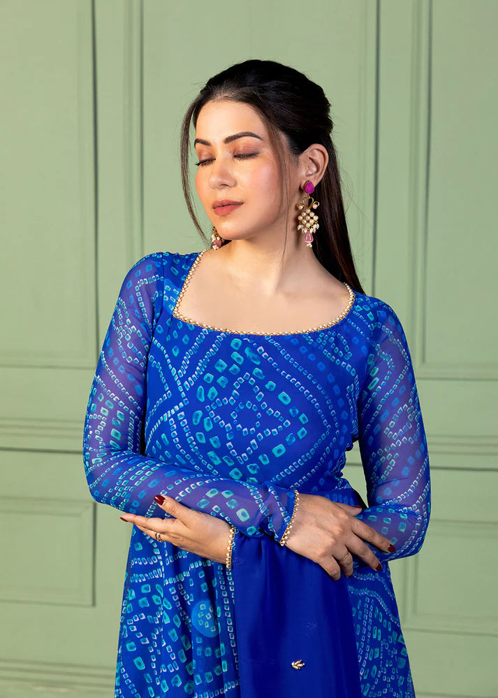 Bandhani Asymmetric Neck Anarkali with Dupatta