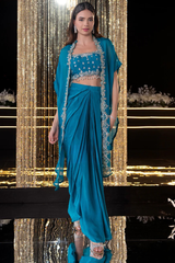 Teal Synthetic Glamorous Skirt Set
