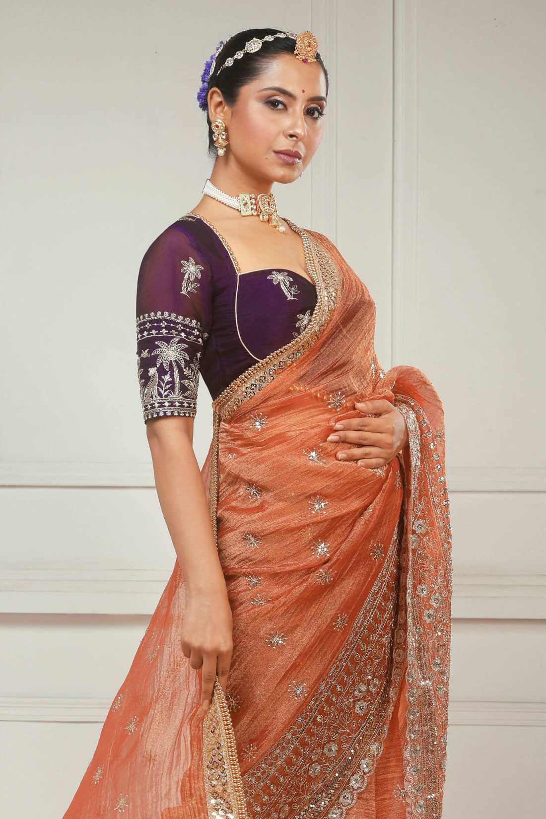Crush Tissue Saree with Dark Wine Shimmer Tissue Blouse