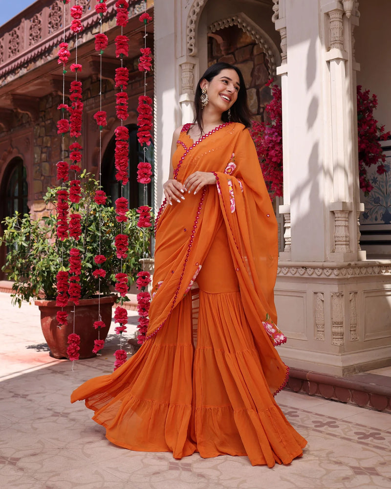 Orange Mirror Work Hand painted Georgette Pre-Draped Saree with Blouse