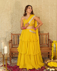 Mustard Chinon Solid Pre-Draped Saree