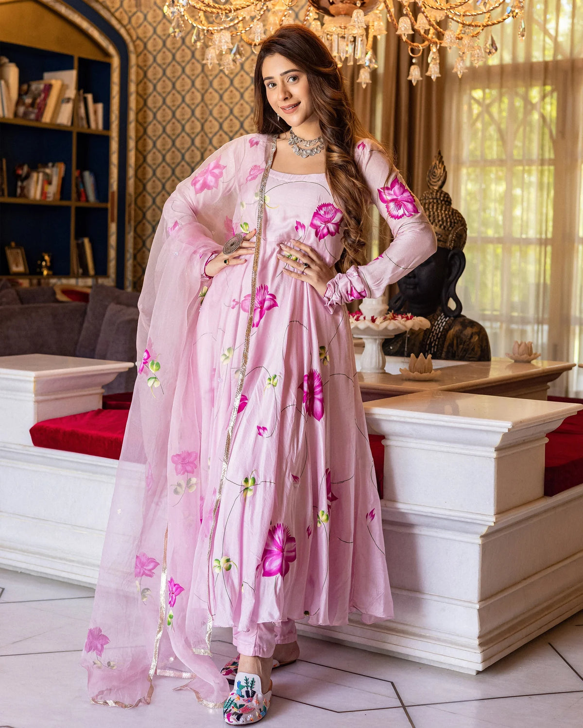 Handpainted Muslin Pink Asavari Suit Set