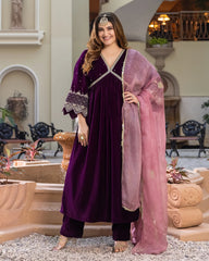 Jamni Purple Velvet Embroidered Kurti Suit