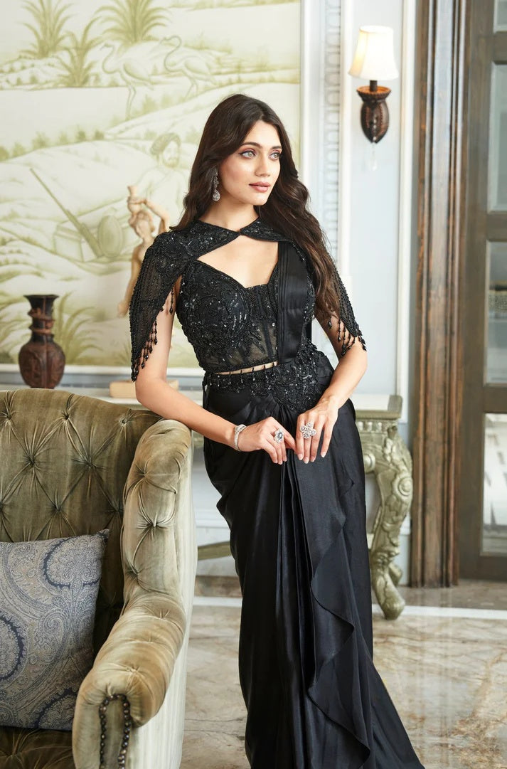 Designer Chinoon Pre-Draped Saree with cape – By Reet Lifestyle