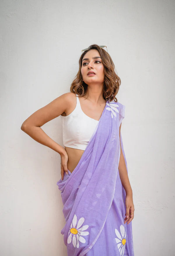 Lavender Handpainted Mulmul Cotton Saree- By Reet Lifestyle