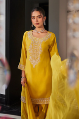 Mustard Yellow Mul-Chanderi Farshi Salwar Set