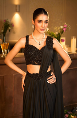 Black Lycra Net Pre-Drape Saree with blouse
