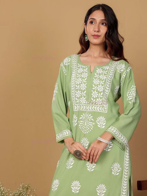 Rayon Long Chikankari Straight Kurti