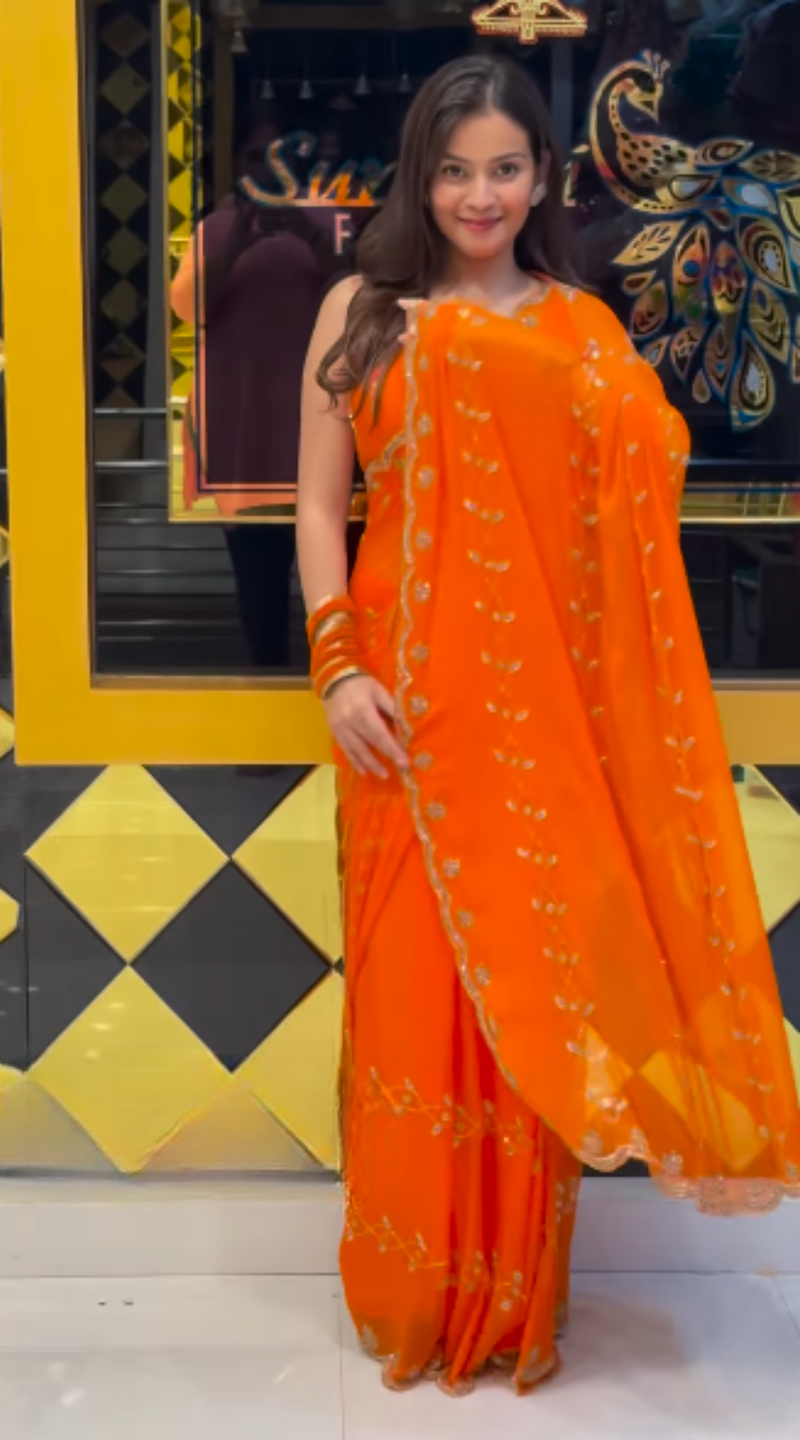 Vibrant Orange Leheriya Chiffon Saree