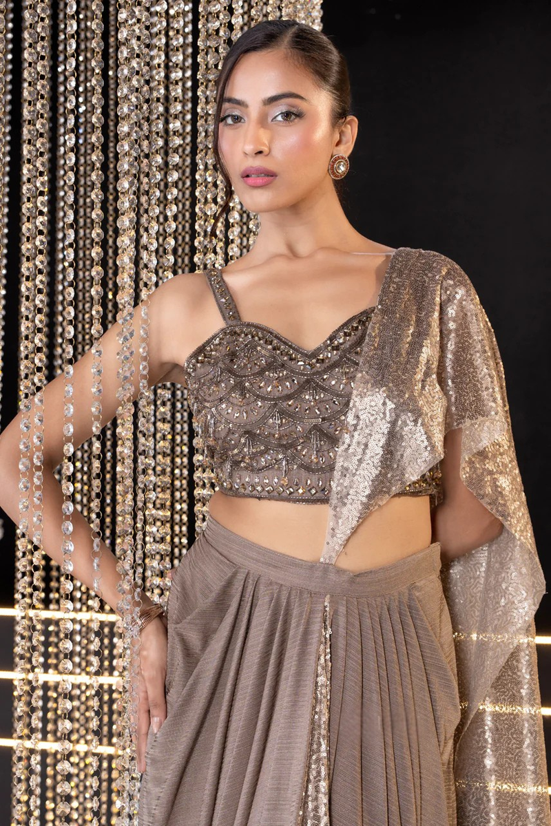 Brown Imported Pre-Draped Saree with Blouse
