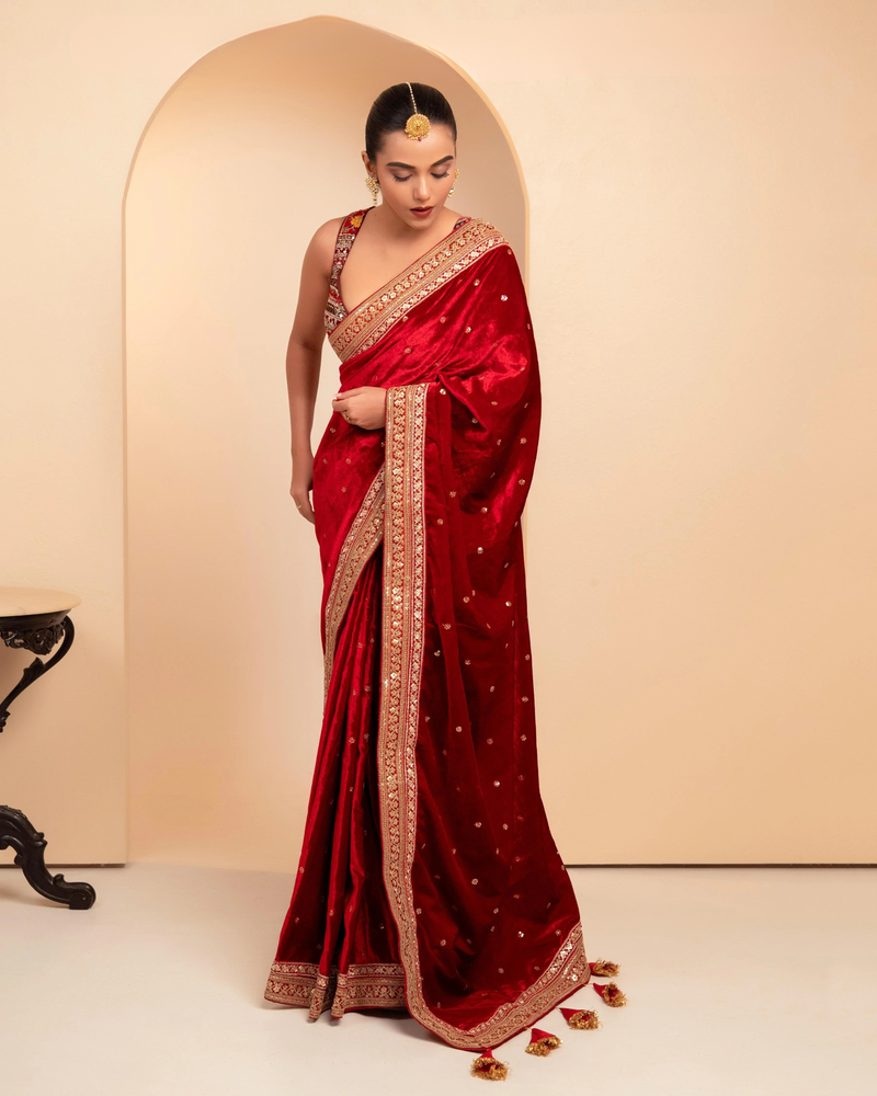 Maroon Velvet Berry Blockbuster  Saree with Blouse