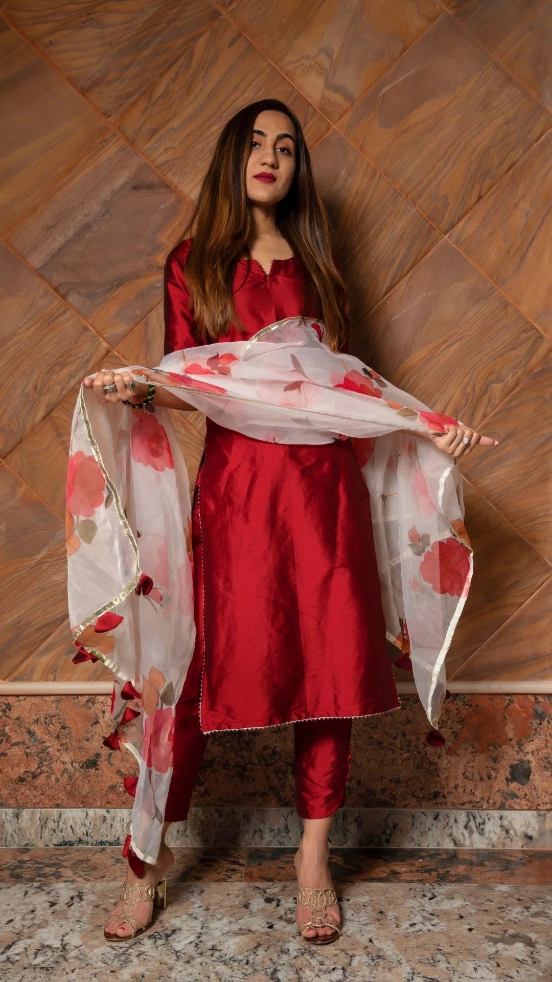 Maroon Phool Taffeta Silk Suit Set with Organza Dupatta