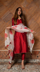 Maroon Phool Taffeta Silk Suit Set with Organza Dupatta