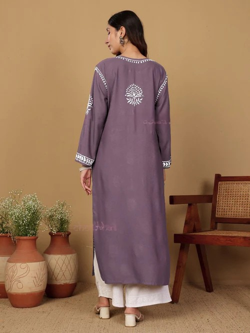 Rayon Long Chikankari Straight Kurti