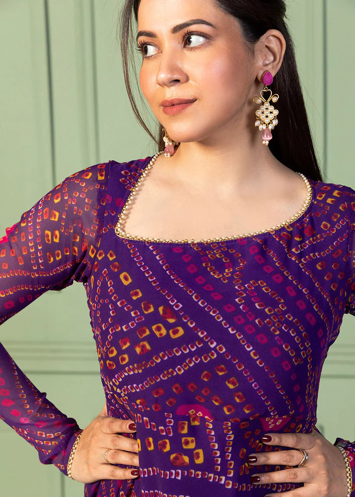 Bandhani Asymmetric Neck Anarkali with Dupatta