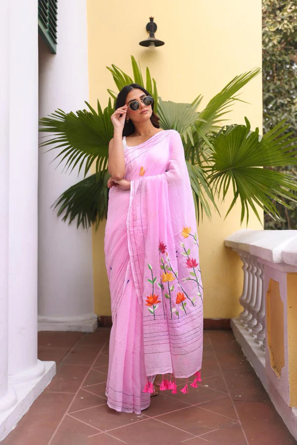 Baby Pink Embroidered Mulmul Cotton Saree- By Reet Lifestyle