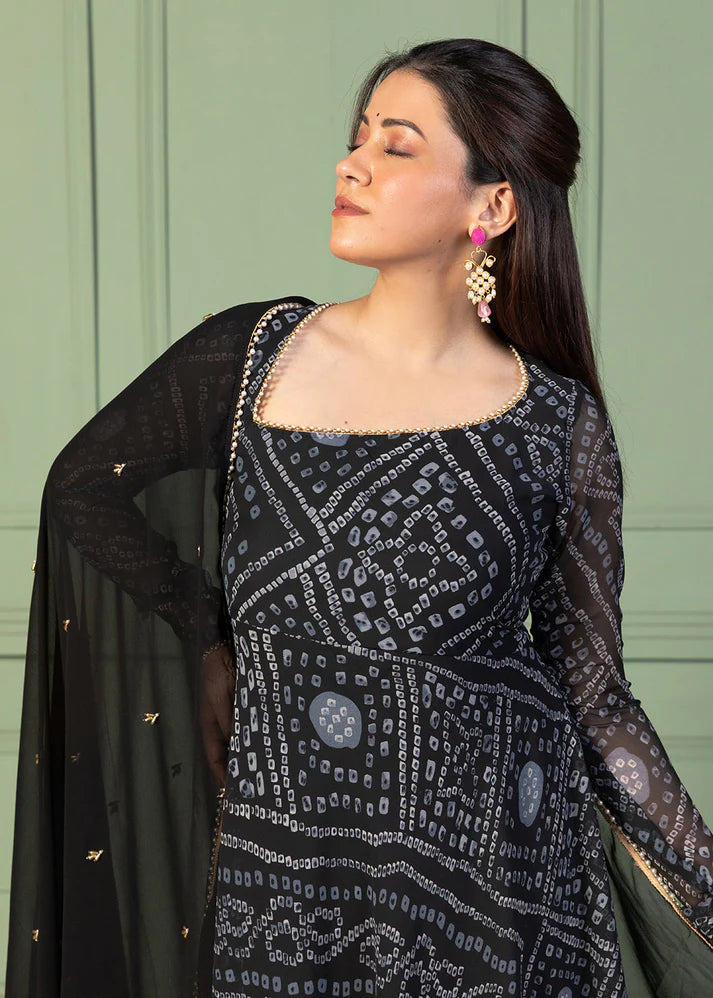 Bandhani Asymmetric Neck Anarkali with Dupatta