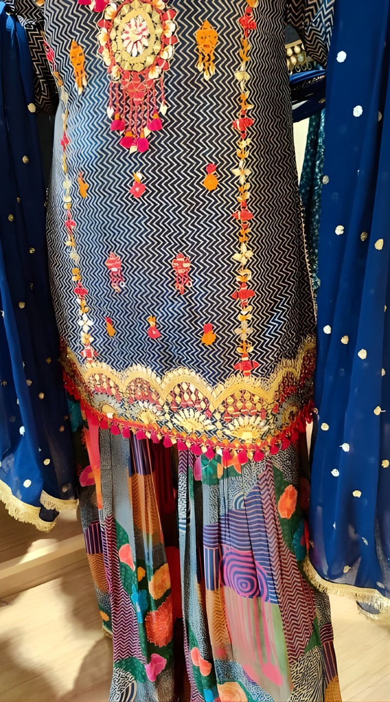 Blue Multicolor Crepe Mirror Work Sharara Set