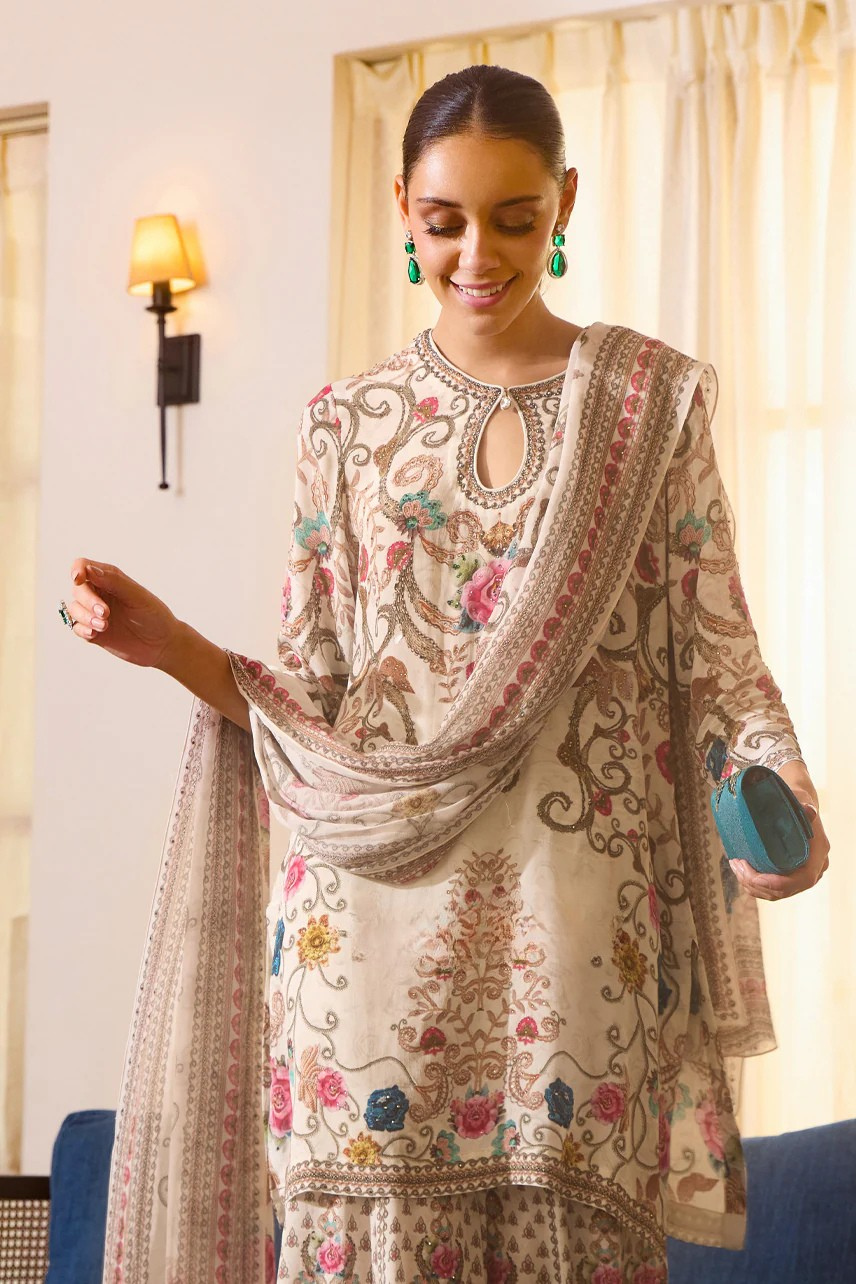Elegant Beige Crepe Sharara Set