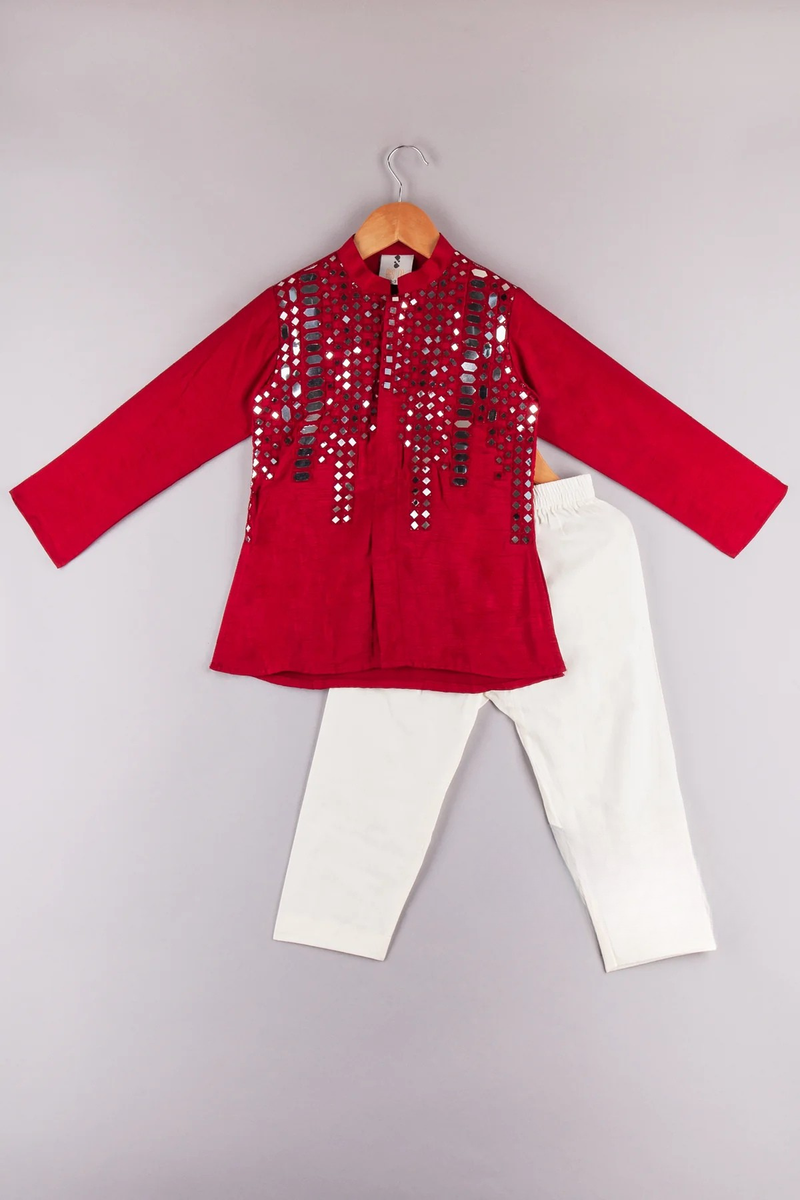 Red Malai Cotton Mirror Kurta Pajama