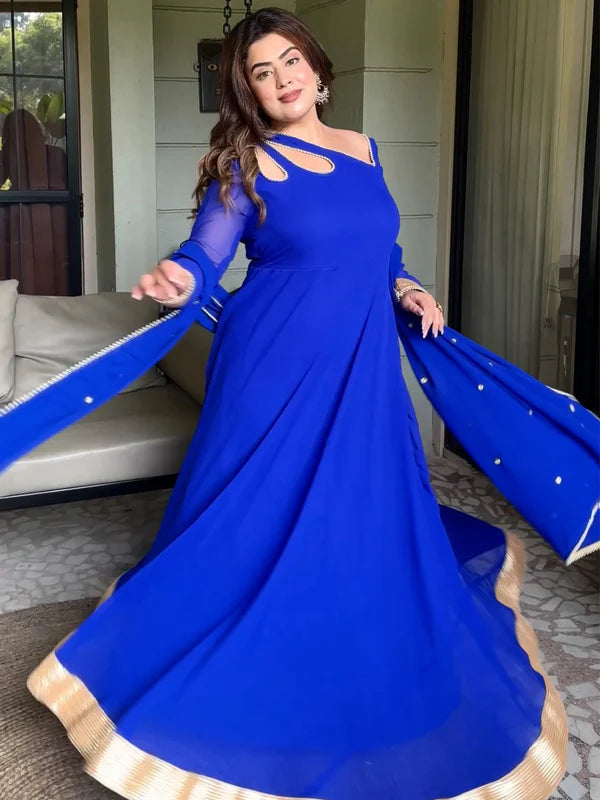 Petal Neck Roman Blue Georgette Anarkali with Dupatta