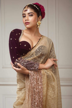 Brushed Gold Crush Tissue Saree with Dark Purple Velvet Embroidered Blouse