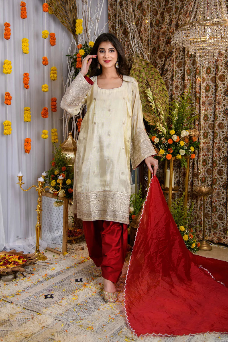 Beige And Red Tissue Kurta Set- By Reet Lifestyle