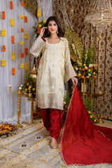 Beige And Red Tissue Kurta Set- By Reet Lifestyle