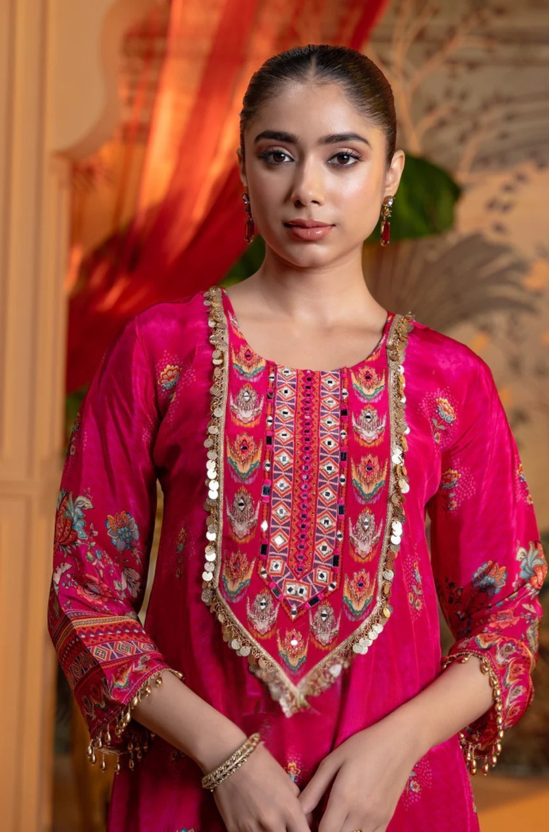 Pink Blooming Grace Crepe Kurti Set