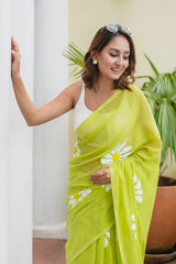 Green Hand Painted Mulmul Cotton Saree- By Reet Lifestyle