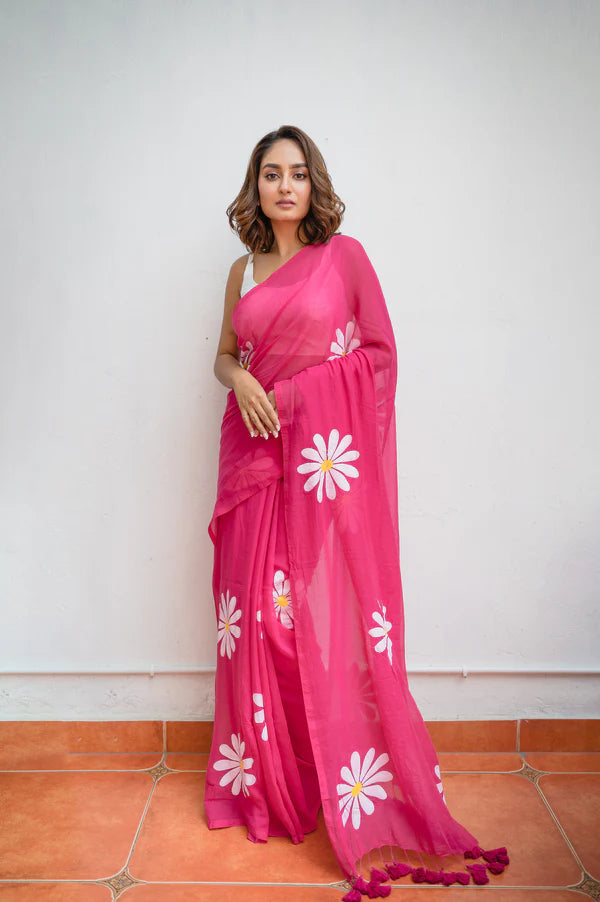 Hot Pink Handpainted Mulmul Cotton Saree- By Reet Lifestyle