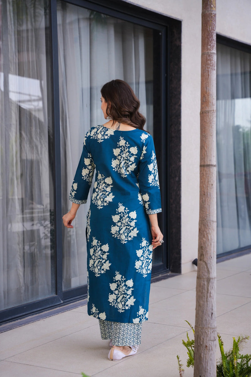 Ramya Blue Cotton Suit Set- By Reet Lifestyle