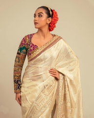 Ivory White Viscose Tissu desginer  Saree with  Blouse
