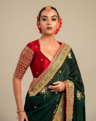 Deep Red saree with Blouse Gaji Silk Elbow Sleeve Saree With Blouse