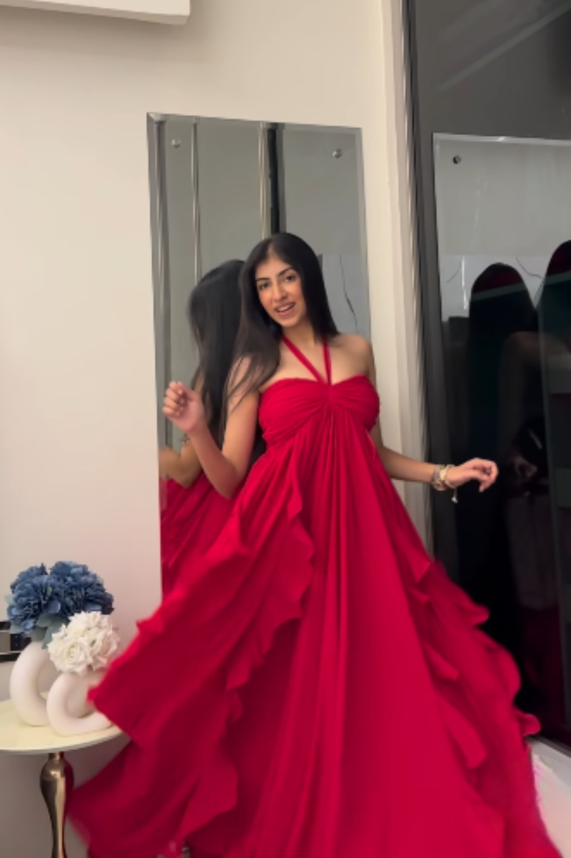 Red Georgette Ruffled Romance Dress