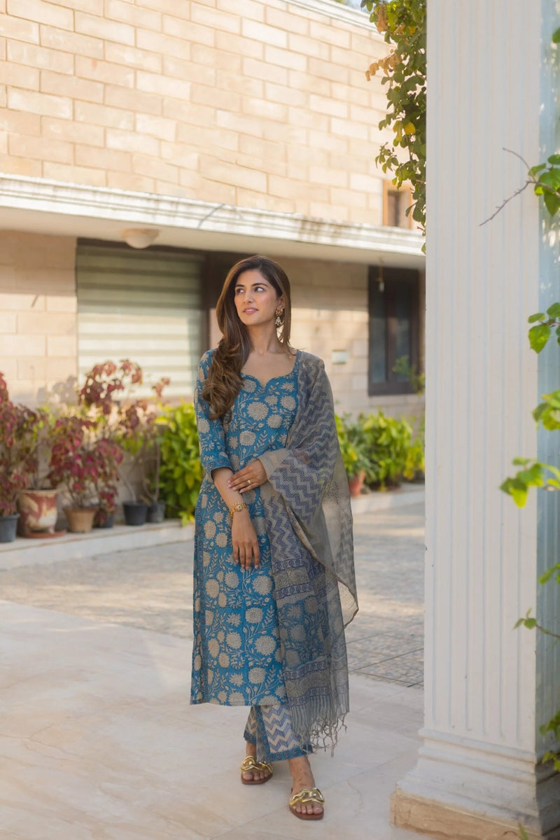 Dazzle Blue Straight Suit Set- By Reet Lifestyle