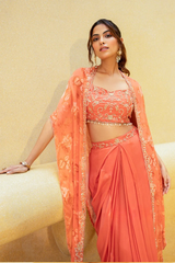 Peach Orange Chinon Skirt Set