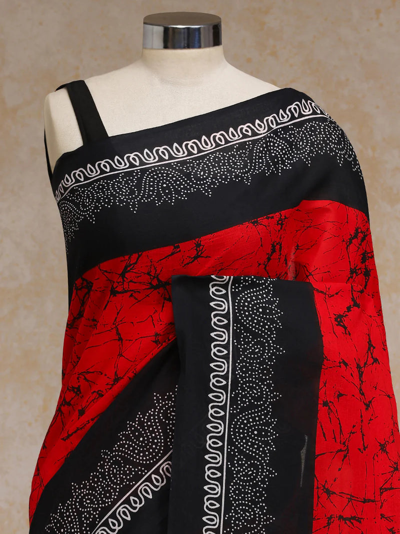 Red Black Batik Art Print Cotton Saree