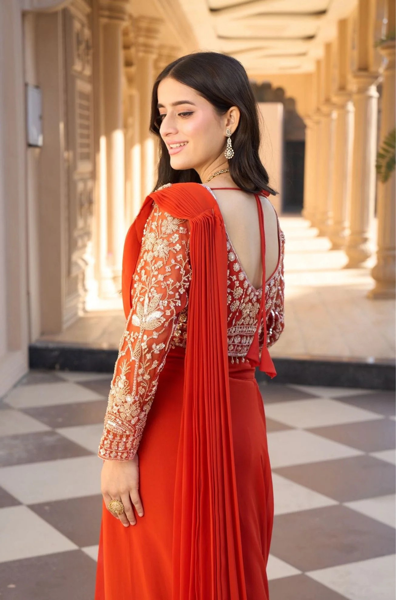 Orange Beads Work Viscose Pre-Draped Saree with Blouse