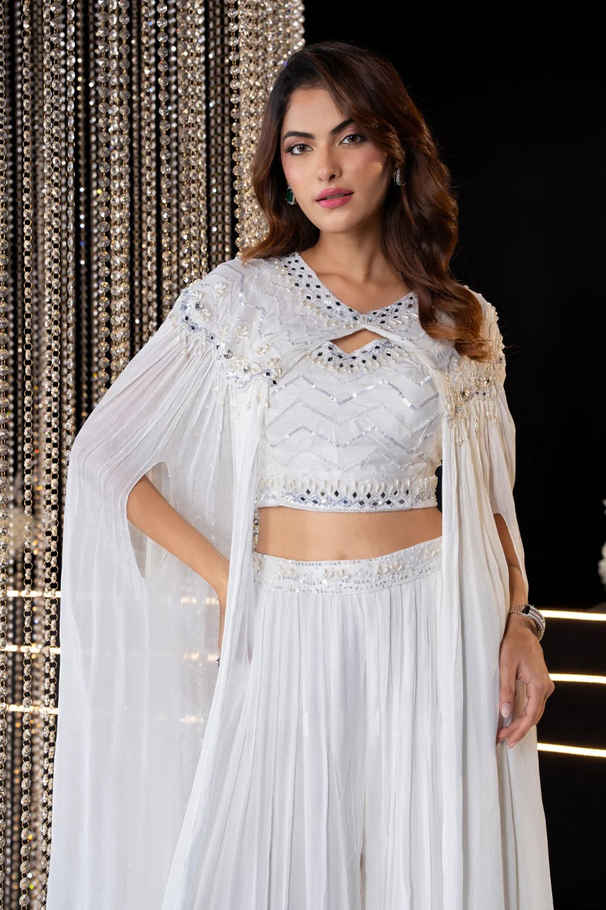 White Georgette Sleeveless Skirt Set