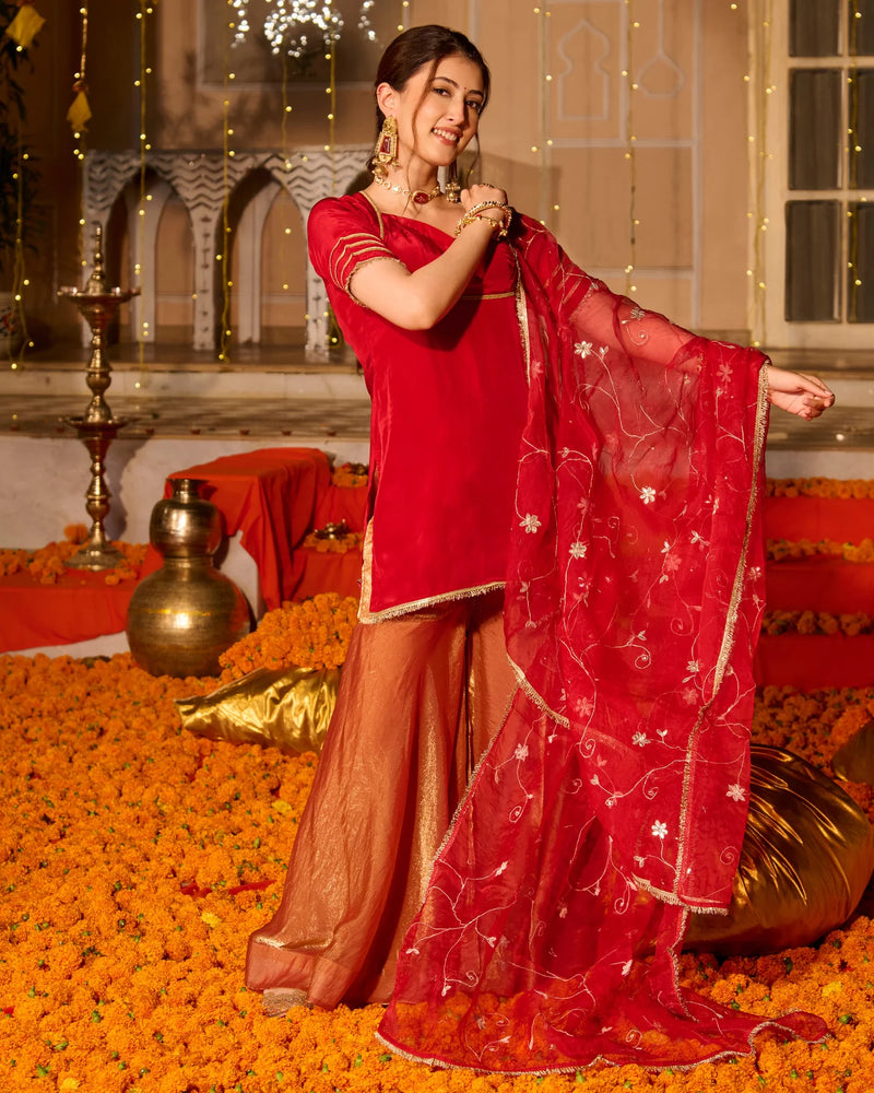 Red Solid Satin Sharara Set